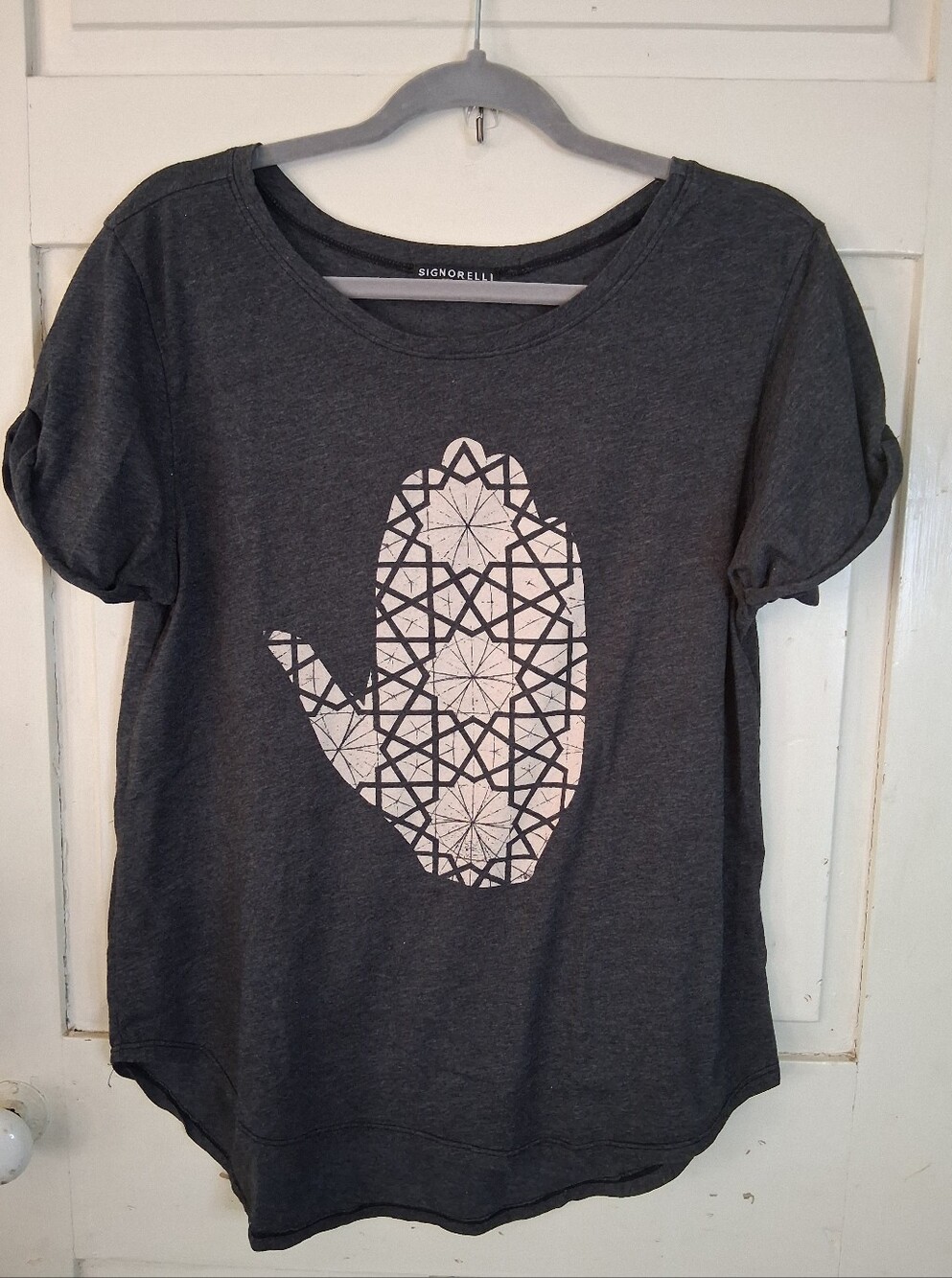 Signorelli Graphic Hamsa Hand Tee - Women's Gray Poly Cotton Sz M Made In U.S.A.